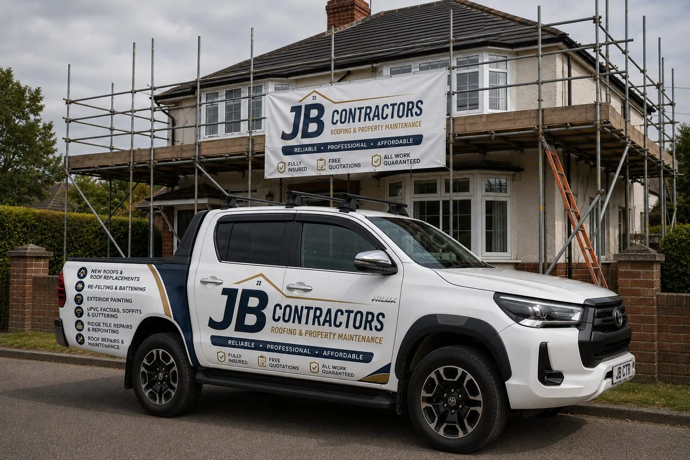Treverbyn Roofing pickup truck on site at a scaffolded roofing job in Treverbyn