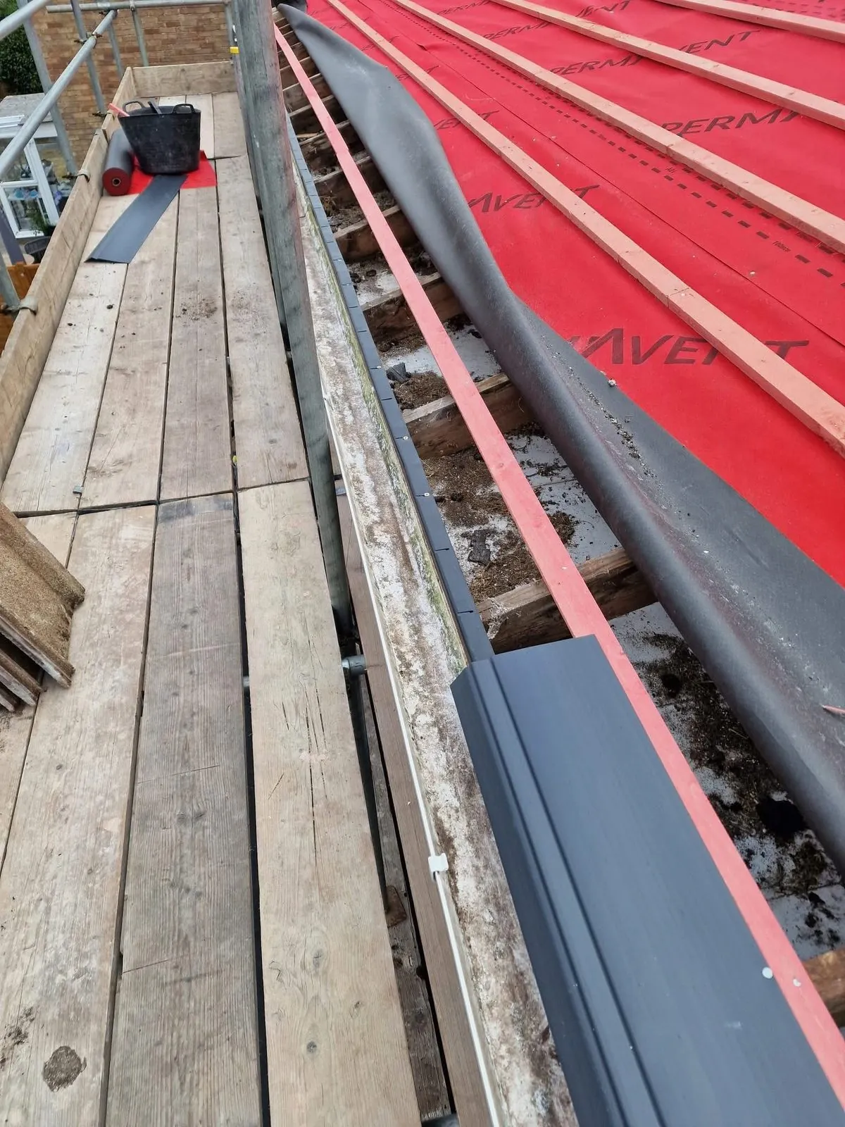 Breathable membrane and battens fitted during a re-roof in Treverbyn